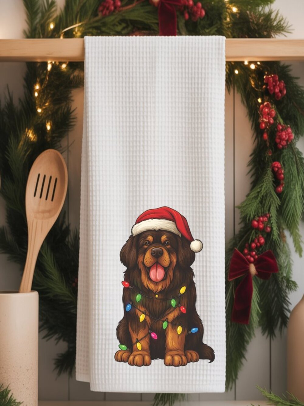 Tibetan Mastiff Christmas Lights Decorative Kitchen Tea Towel